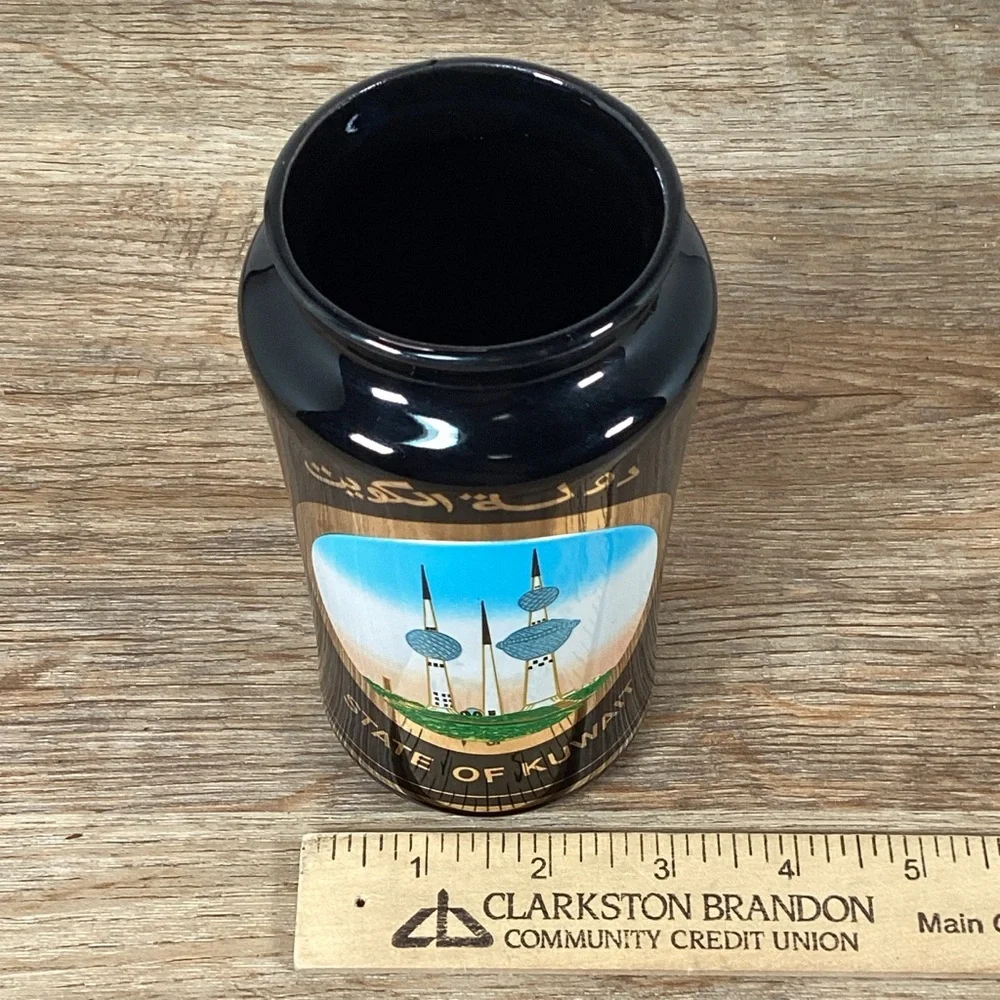 The Art of Chokin State of Kuwait Black Glass Collector's Vase 24kt Gold 6" Tall - Picture 10 of 11